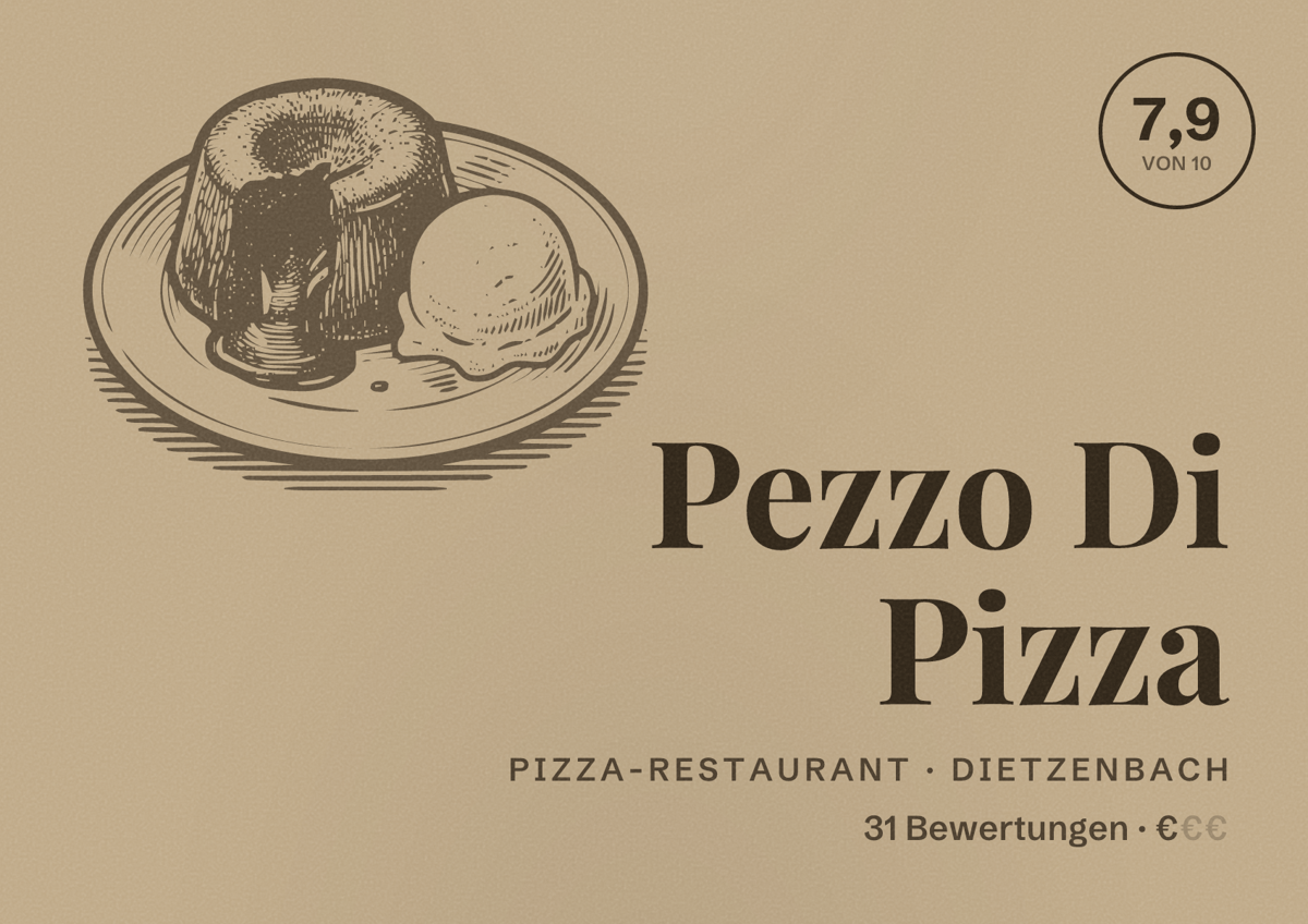 Illustriertes Poster von Pezzo Di Pizza, Pizza-Restaurant in Dietzenbach: Bewertung 7,9 von 10 aus 31 Bewertungen, Preisniveau €