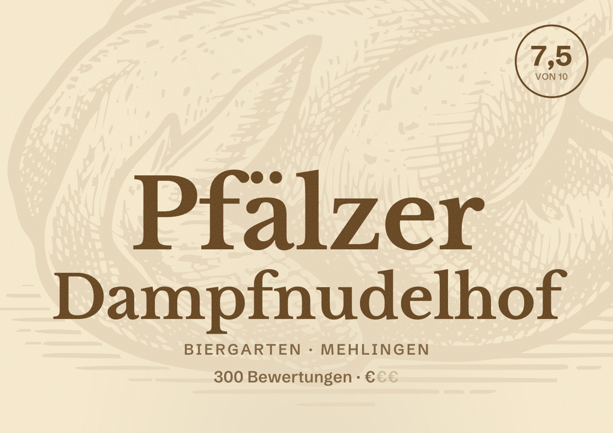 Illustriertes Poster von Pfälzer Dampfnudelhof, Biergarten in Mehlingen: Bewertung 7,5 von 10 aus 300 Bewertungen, Preisniveau €