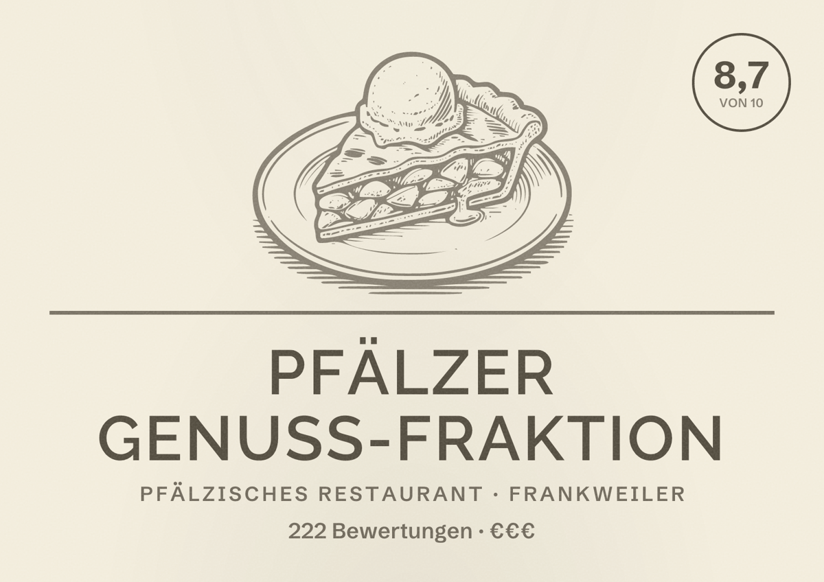 Illustriertes Poster von Pfälzer Genuss-Fraktion, Pfälzisches Restaurant in Frankweiler: Bewertung 8,7 von 10 aus 222 Bewertungen, Preisniveau €€€