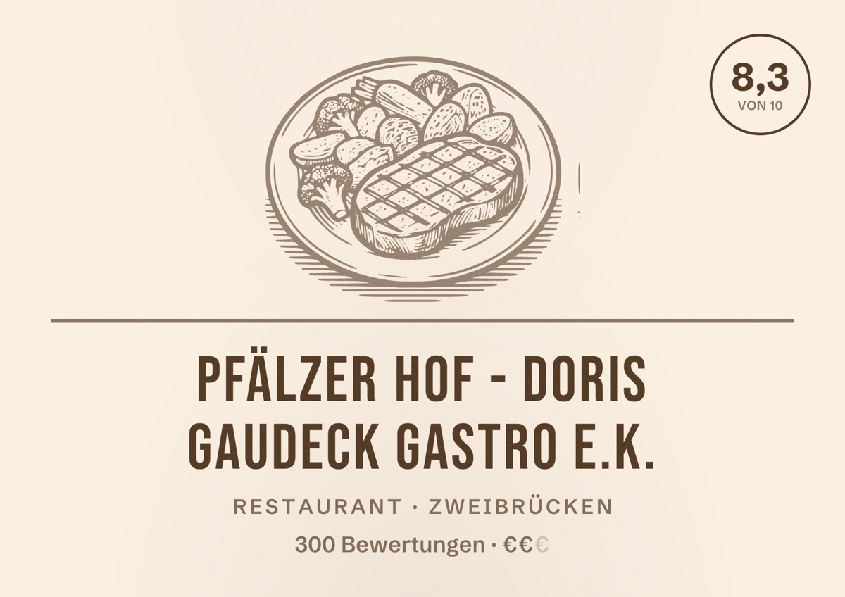 Illustriertes Poster von Pfälzer Hof - Doris Gaudeck Gastro e.K., Restaurant in Zweibrücken: Bewertung 8,3 von 10 aus 300 Bewertungen, Preisniveau €€