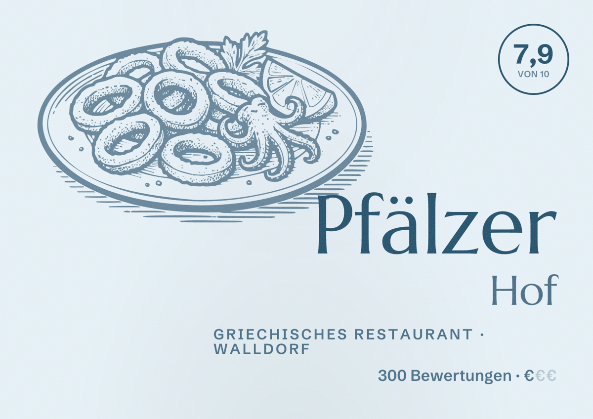 Illustriertes Poster von Pfälzer Hof, Griechisches Restaurant in Walldorf: Bewertung 7,9 von 10 aus 300 Bewertungen, Preisniveau €