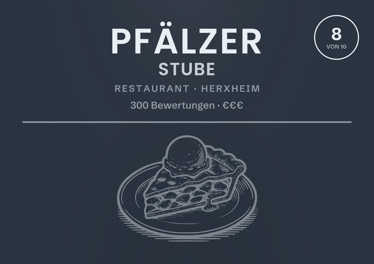 Illustriertes Poster von Pfälzer Stube, Restaurant in Herxheim: Bewertung 8 von 10 aus 300 Bewertungen, Preisniveau €€€