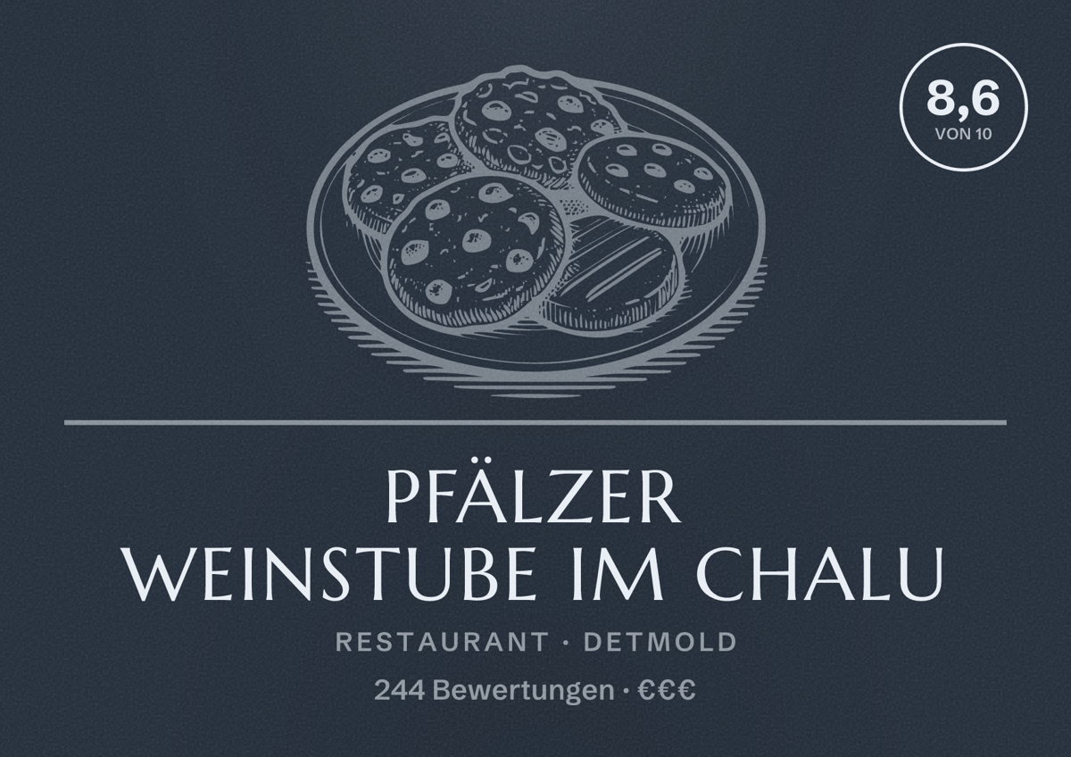 Illustriertes Poster von Pfälzer Weinstube im ChaLu, Restaurant in Detmold: Bewertung 8,6 von 10 aus 244 Bewertungen, Preisniveau €€€