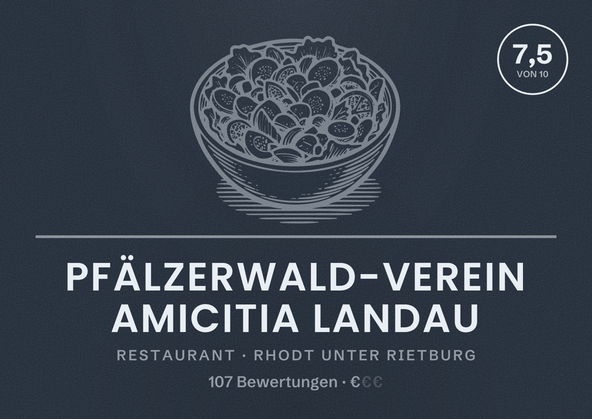 Illustriertes Poster von Pfälzerwald-Verein Amicitia Landau, Restaurant in Rhodt unter Rietburg: Bewertung 7,5 von 10 aus 107 Bewertungen, Preisniveau €