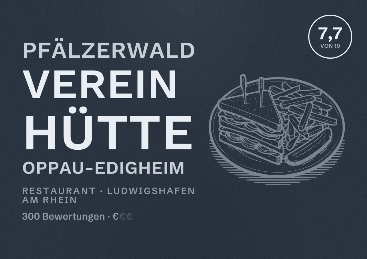Illustriertes Poster von Pfälzerwald Verein Hütte Oppau-Edigheim, Restaurant in Ludwigshafen am Rhein: Bewertung 7,7 von 10 aus 300 Bewertungen, Preisniveau €