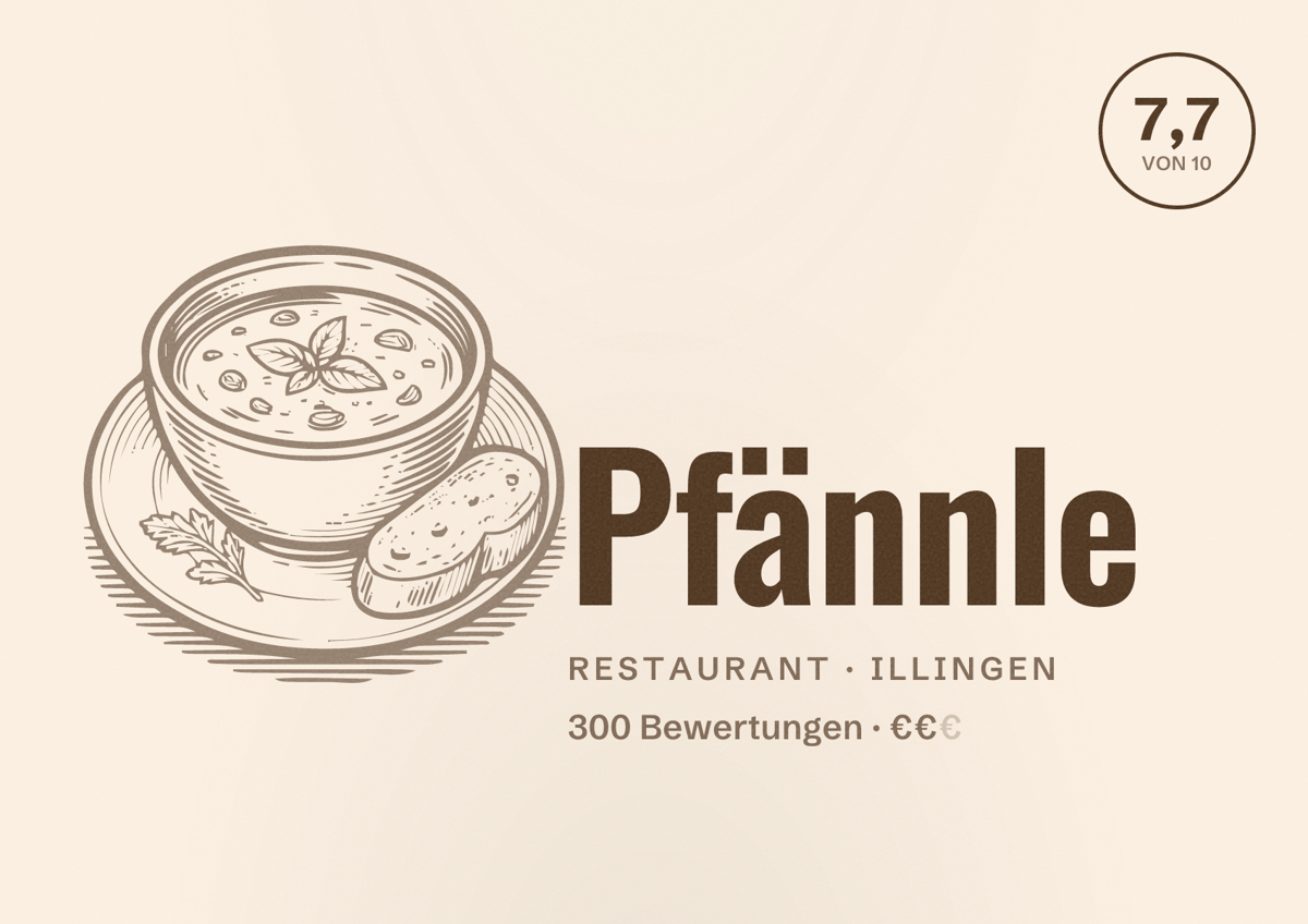 Illustriertes Poster von Pfännle, Restaurant in Illingen: Bewertung 7,7 von 10 aus 300 Bewertungen, Preisniveau €€