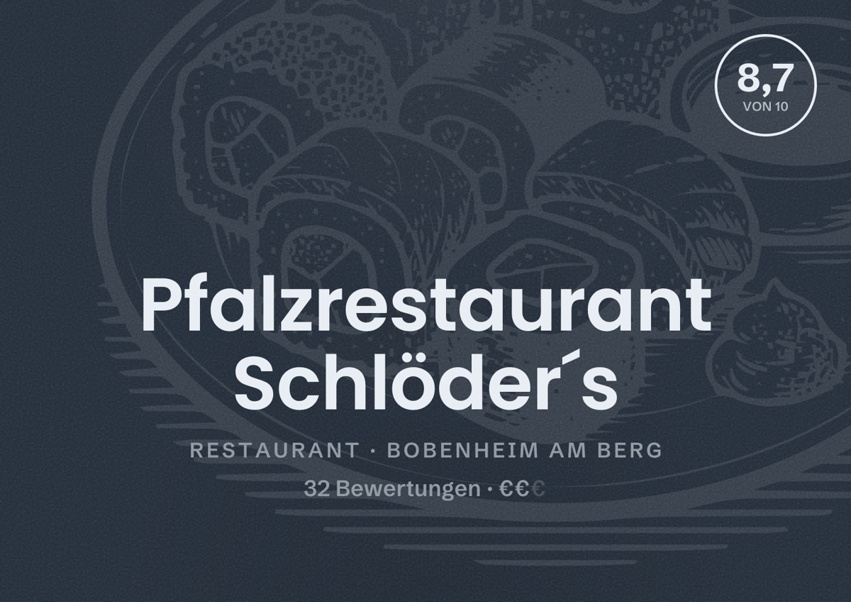 Illustriertes Poster von Pfalzrestaurant Schlöder´s, Restaurant in Bobenheim am Berg: Bewertung 8,7 von 10 aus 32 Bewertungen, Preisniveau €€