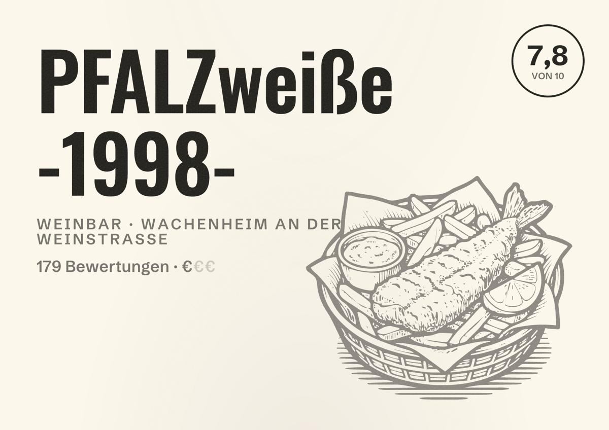Illustriertes Poster von PFALZweiße -1998-, Weinbar in Wachenheim an der Weinstraße: Bewertung 7,8 von 10 aus 179 Bewertungen, Preisniveau €