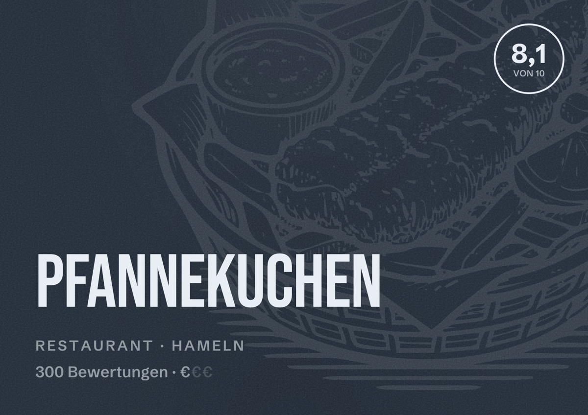 Illustriertes Poster von Pfannekuchen, Restaurant in Hameln: Bewertung 8,1 von 10 aus 300 Bewertungen, Preisniveau €