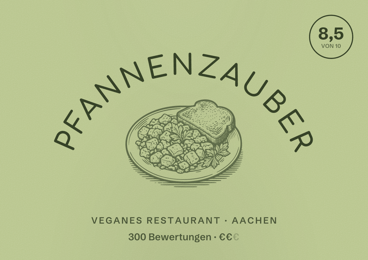 Illustriertes Poster von Pfannenzauber, Veganes Restaurant in Aachen: Bewertung 8,5 von 10 aus 300 Bewertungen, Preisniveau €€