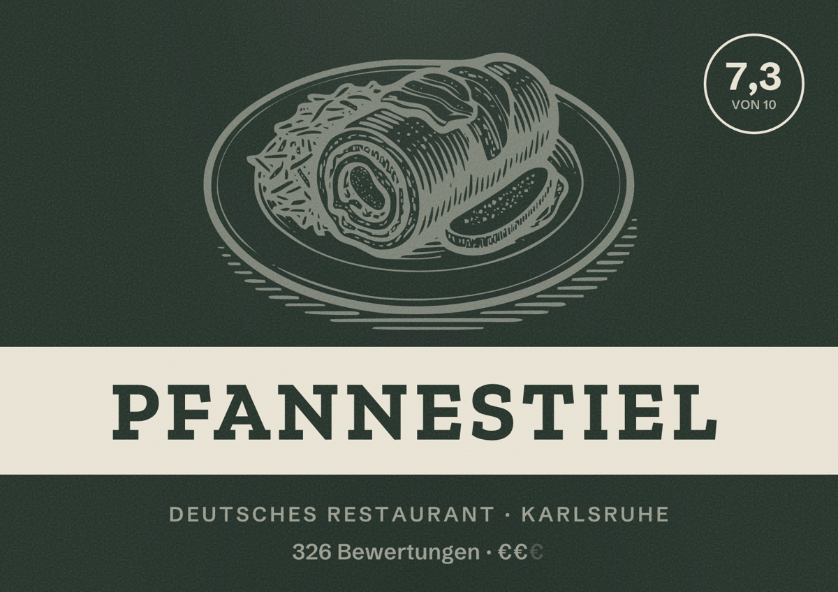 Illustriertes Poster von Pfannestiel, Deutsches Restaurant in Karlsruhe: Bewertung 7,3 von 10 aus 326 Bewertungen, Preisniveau €€