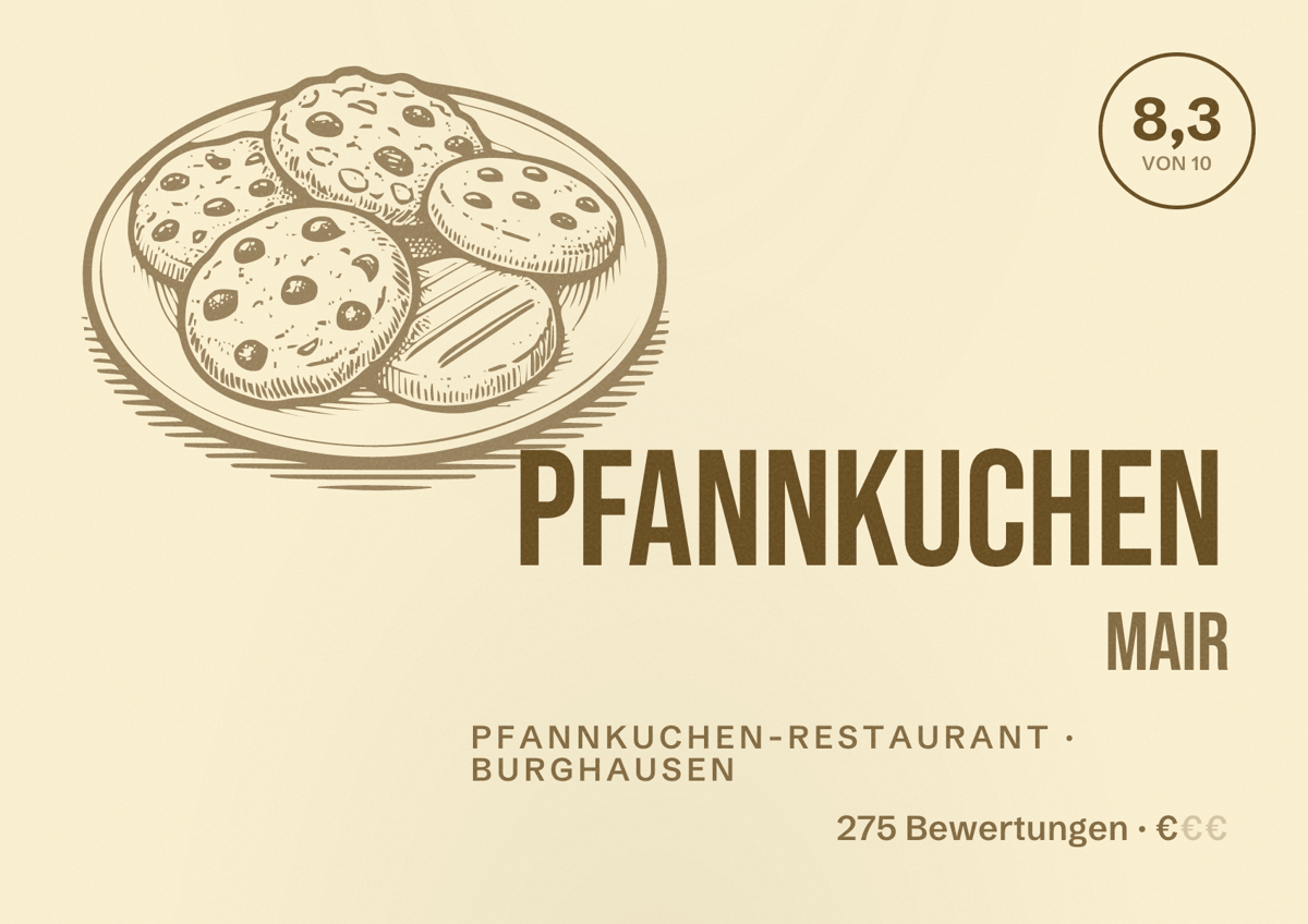Illustriertes Poster von Pfannkuchen MAIR, Pfannkuchen-Restaurant in Burghausen: Bewertung 8,3 von 10 aus 275 Bewertungen, Preisniveau €