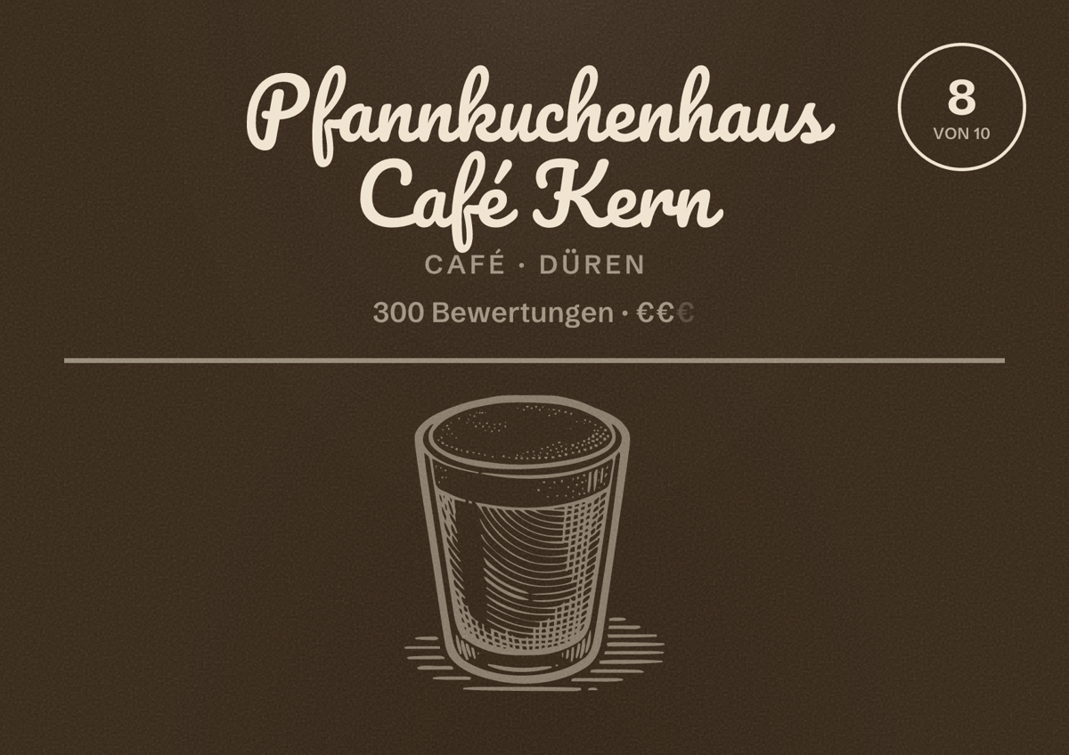 Illustriertes Poster von Pfannkuchenhaus Café Kern, Café in Düren: Bewertung 8 von 10 aus 300 Bewertungen, Preisniveau €€