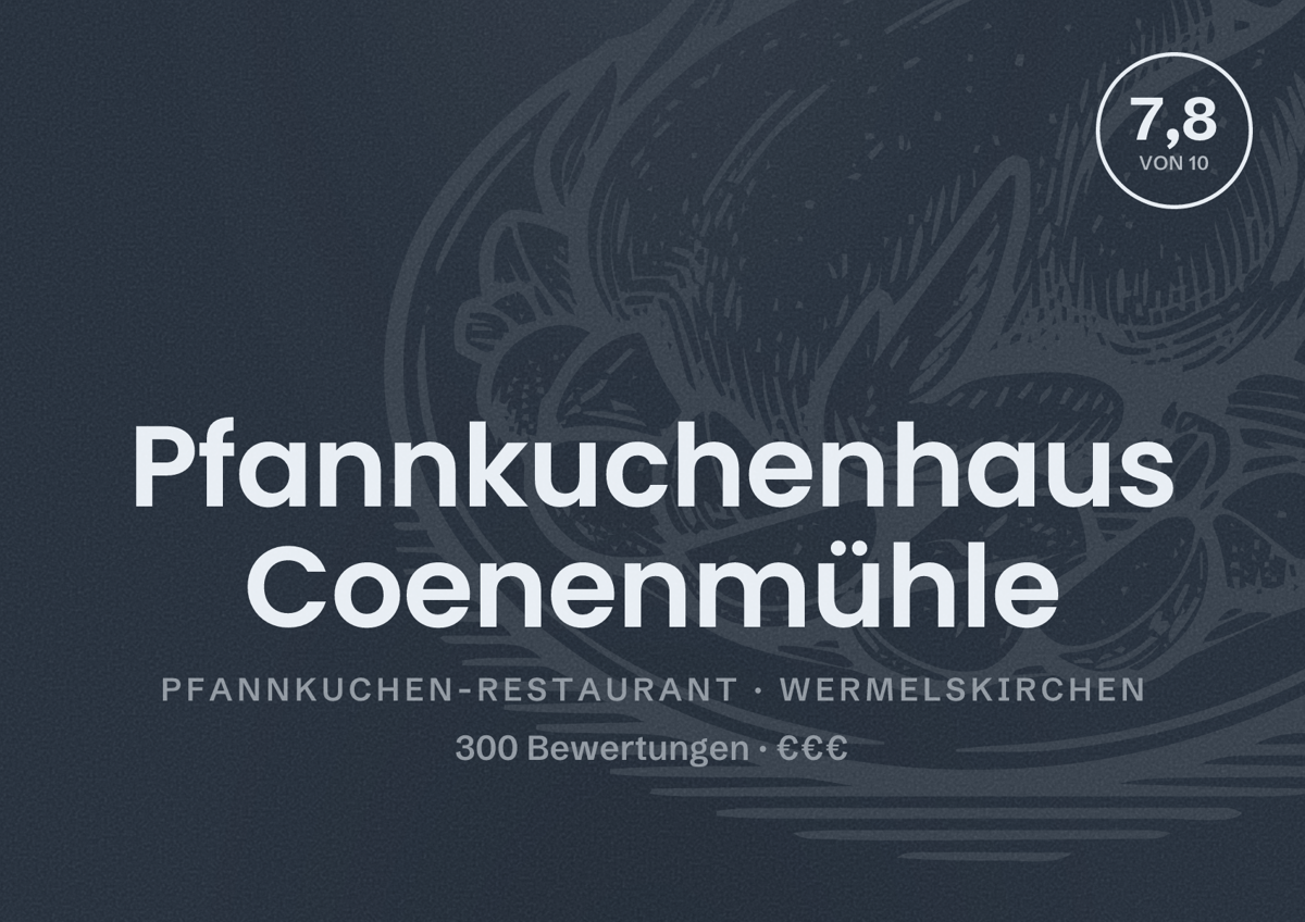 Illustriertes Poster von Pfannkuchenhaus Coenenmühle, Pfannkuchen-Restaurant in Wermelskirchen: Bewertung 7,8 von 10 aus 300 Bewertungen, Preisniveau €€€