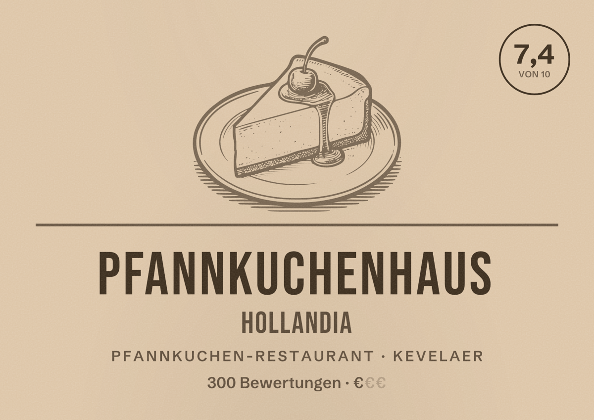 Illustriertes Poster von Pfannkuchenhaus Hollandia, Pfannkuchen-Restaurant in Kevelaer: Bewertung 7,4 von 10 aus 300 Bewertungen, Preisniveau €