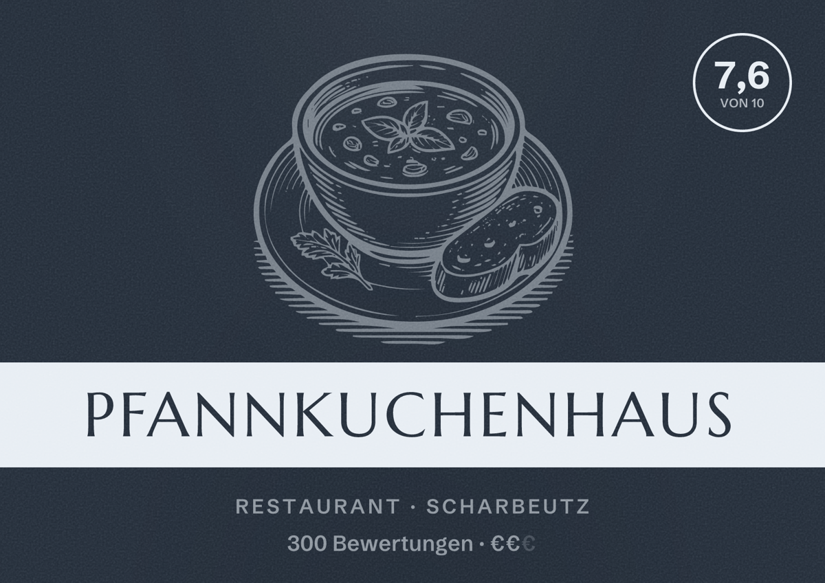 Illustriertes Poster von Pfannkuchenhaus, Restaurant in Scharbeutz: Bewertung 7,6 von 10 aus 300 Bewertungen, Preisniveau €€