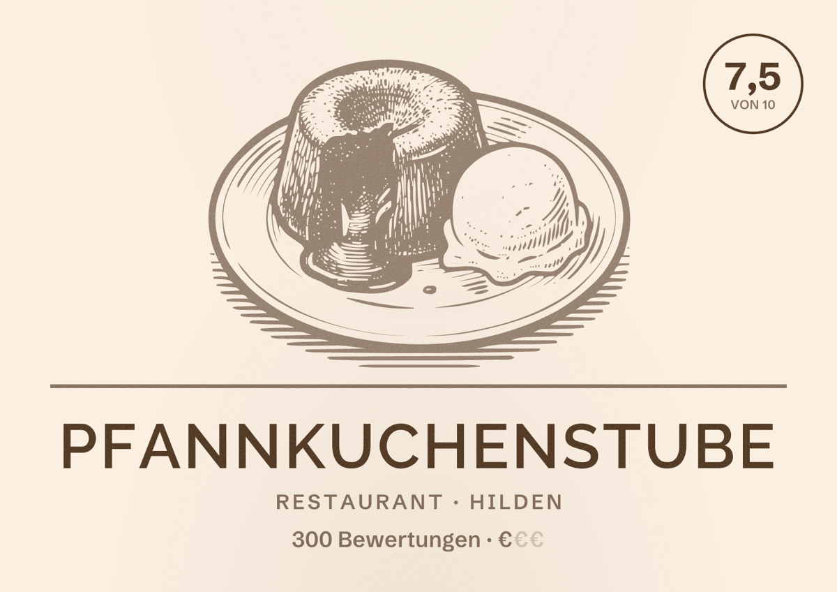 Illustriertes Poster von Pfannkuchenstube, Restaurant in Hilden: Bewertung 7,5 von 10 aus 300 Bewertungen, Preisniveau €