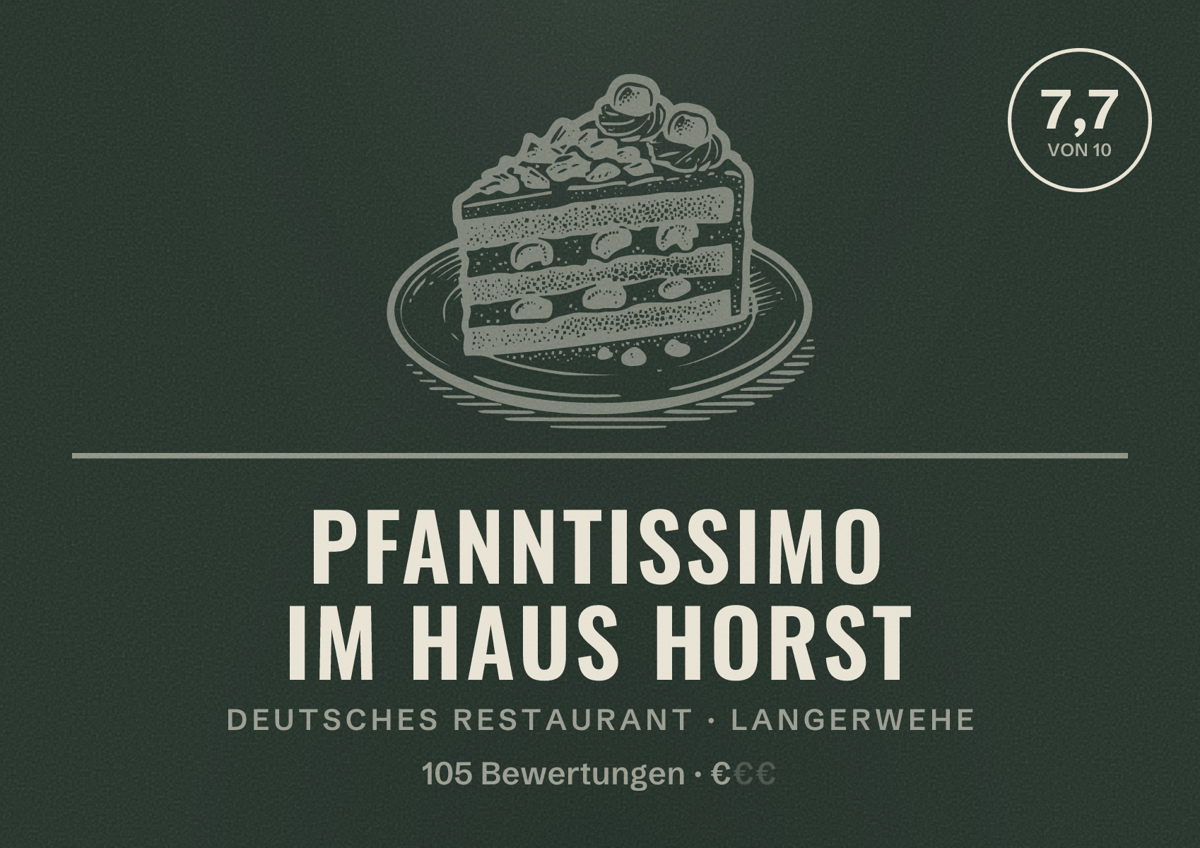 Illustriertes Poster von Pfanntissimo im Haus Horst, Deutsches Restaurant in Langerwehe: Bewertung 7,7 von 10 aus 105 Bewertungen, Preisniveau €