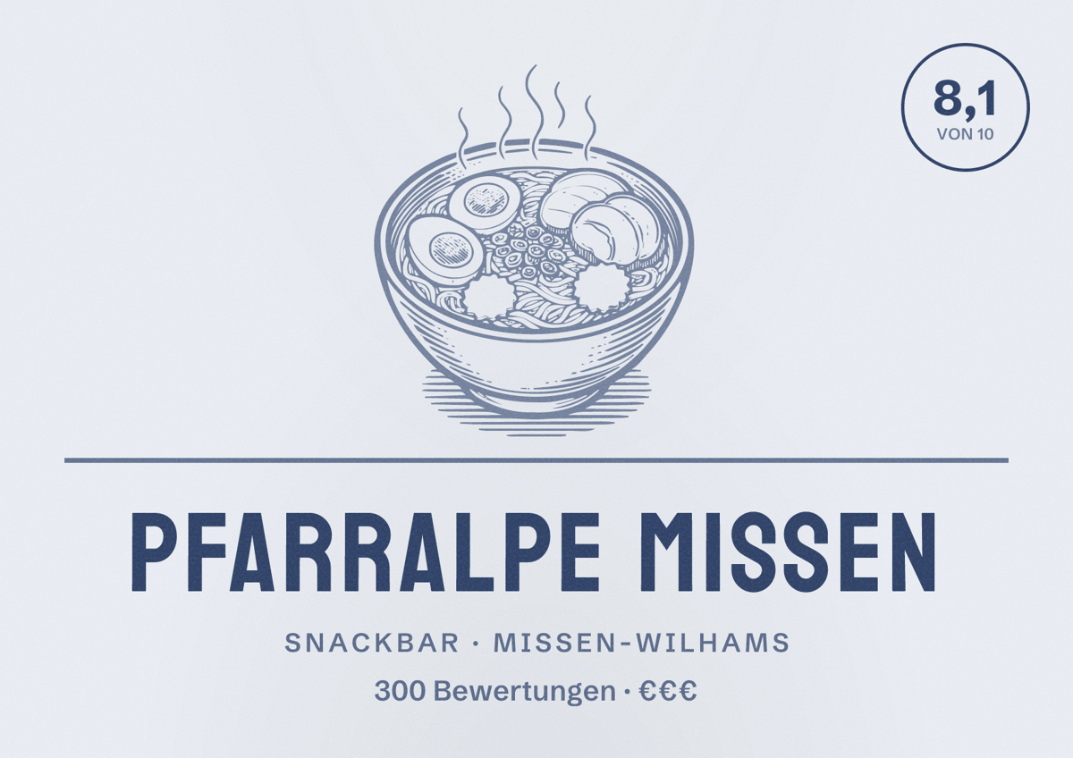 Illustriertes Poster von Pfarralpe Missen, Snackbar in Missen-Wilhams: Bewertung 8,1 von 10 aus 300 Bewertungen, Preisniveau €€€