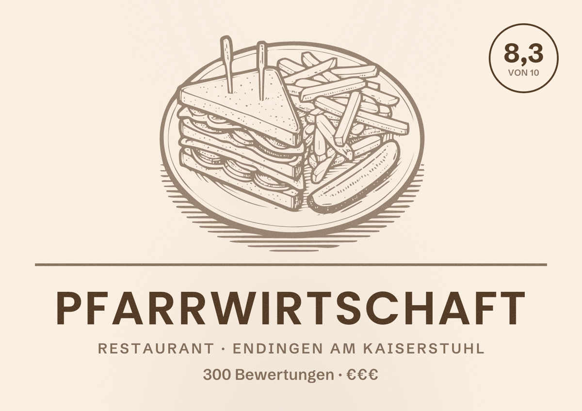 Illustriertes Poster von Pfarrwirtschaft, Restaurant in Endingen am Kaiserstuhl: Bewertung 8,3 von 10 aus 300 Bewertungen, Preisniveau €€€