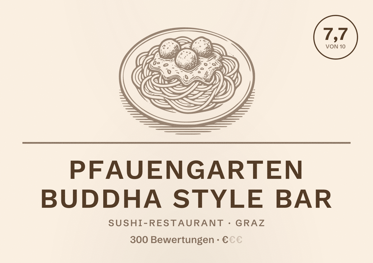 Illustriertes Poster von Pfauengarten Buddha Style Bar, Sushi-Restaurant in Graz: Bewertung 7,7 von 10 aus 300 Bewertungen, Preisniveau €