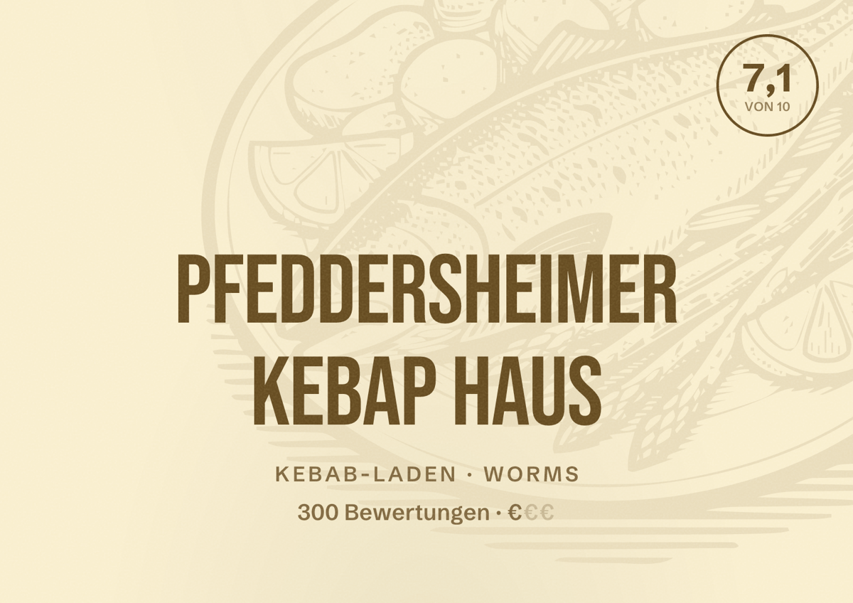 Illustriertes Poster von Pfeddersheimer Kebap Haus, Kebab-Laden in Worms: Bewertung 7,1 von 10 aus 300 Bewertungen, Preisniveau €