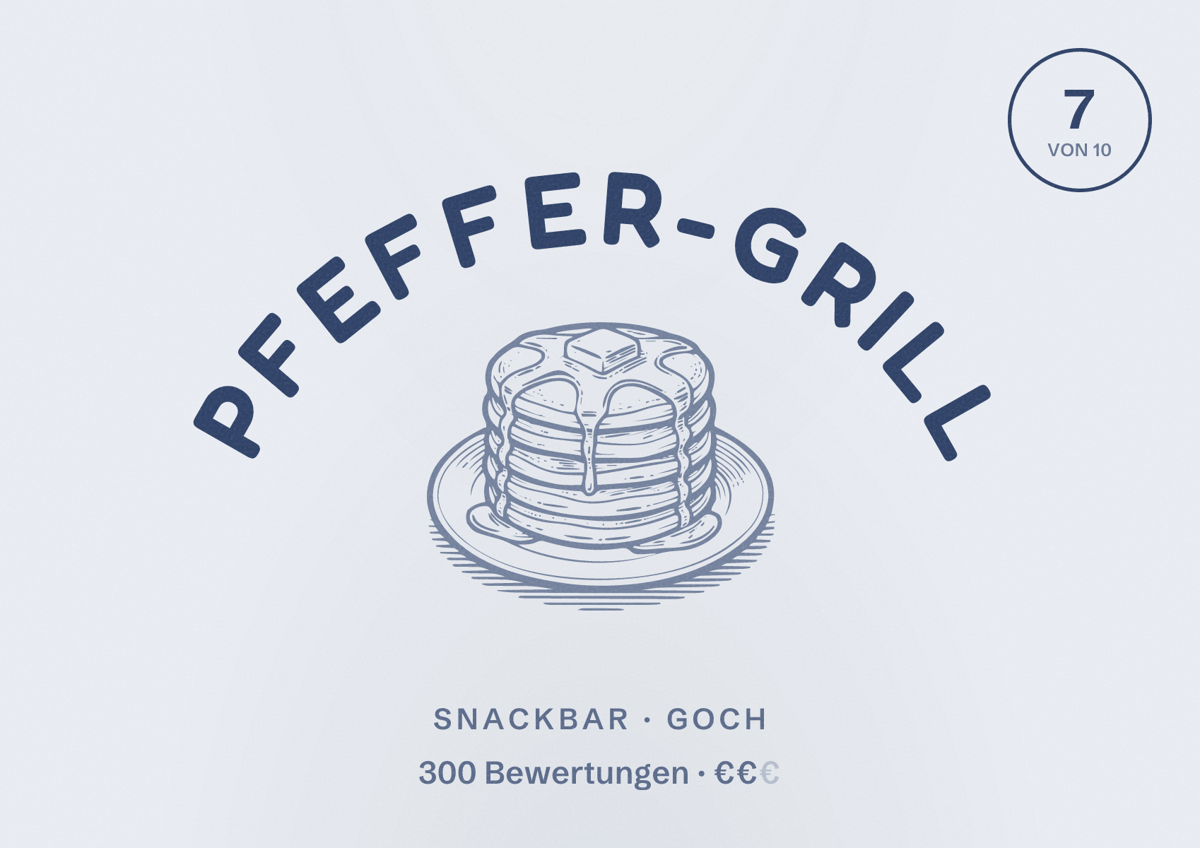 Illustriertes Poster von Pfeffer-Grill, Snackbar in Goch: Bewertung 7 von 10 aus 300 Bewertungen, Preisniveau €€