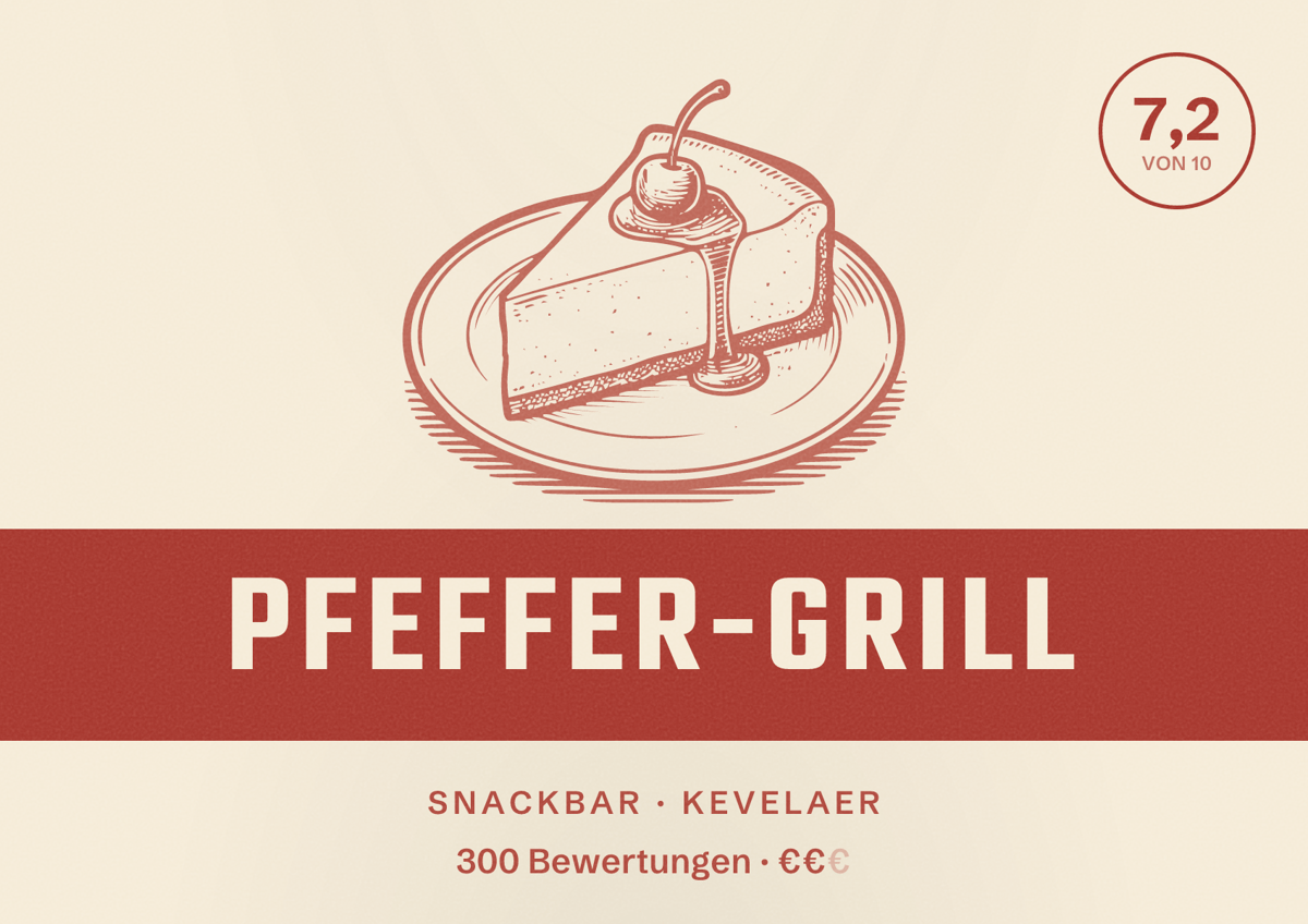 Illustriertes Poster von Pfeffer-Grill, Snackbar in Kevelaer: Bewertung 7,2 von 10 aus 300 Bewertungen, Preisniveau €€