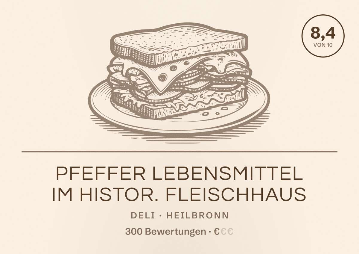 Illustriertes Poster von Pfeffer Lebensmittel im histor. Fleischhaus, Deli in Heilbronn: Bewertung 8,4 von 10 aus 300 Bewertungen, Preisniveau €