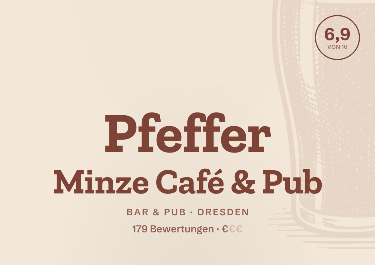 Illustriertes Poster von Pfeffer Minze Café & Pub, Bar & Pub in Dresden: Bewertung 6,9 von 10 aus 179 Bewertungen, Preisniveau €