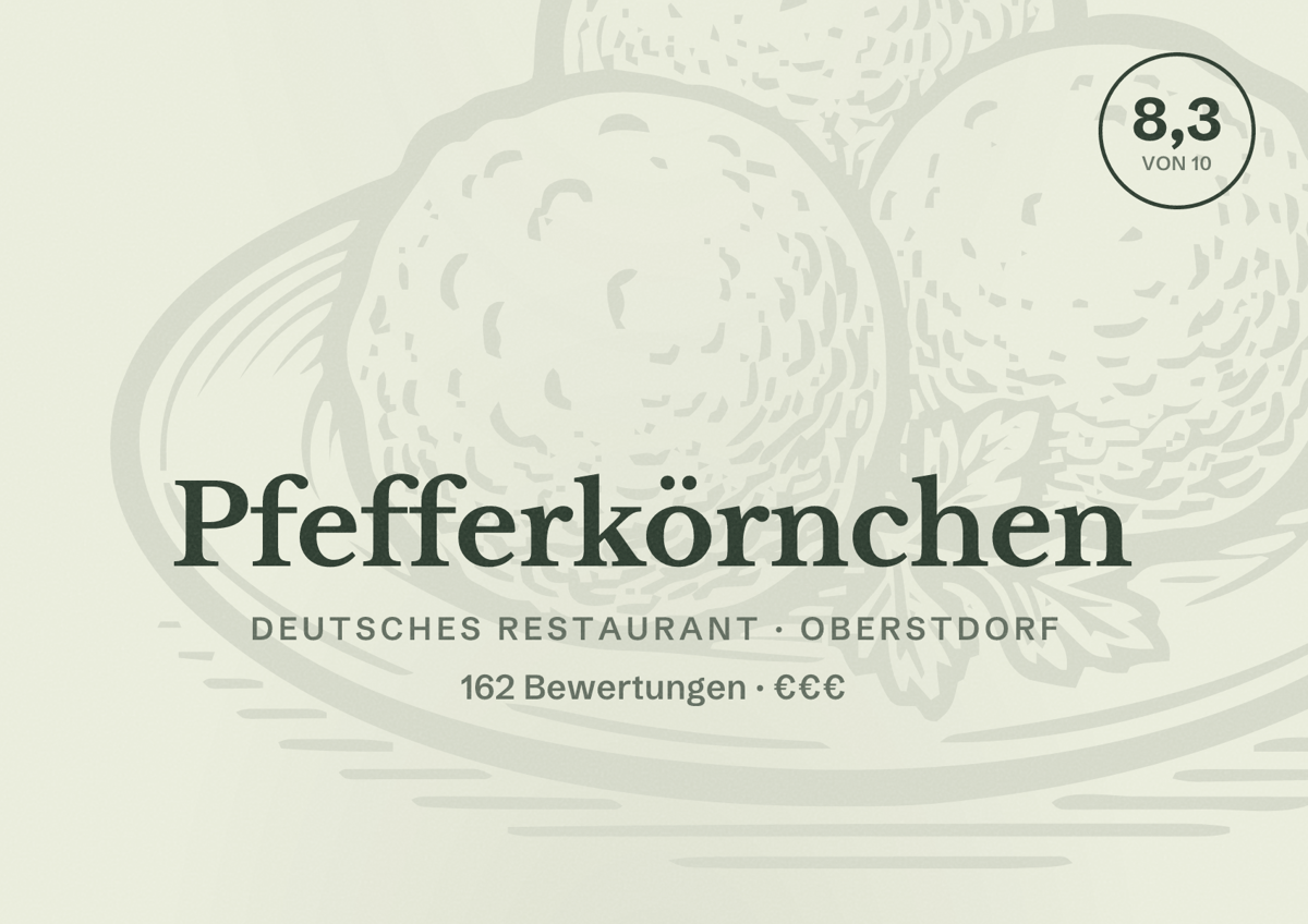 Illustriertes Poster von Pfefferkörnchen, Deutsches Restaurant in Oberstdorf: Bewertung 8,3 von 10 aus 162 Bewertungen, Preisniveau €€€