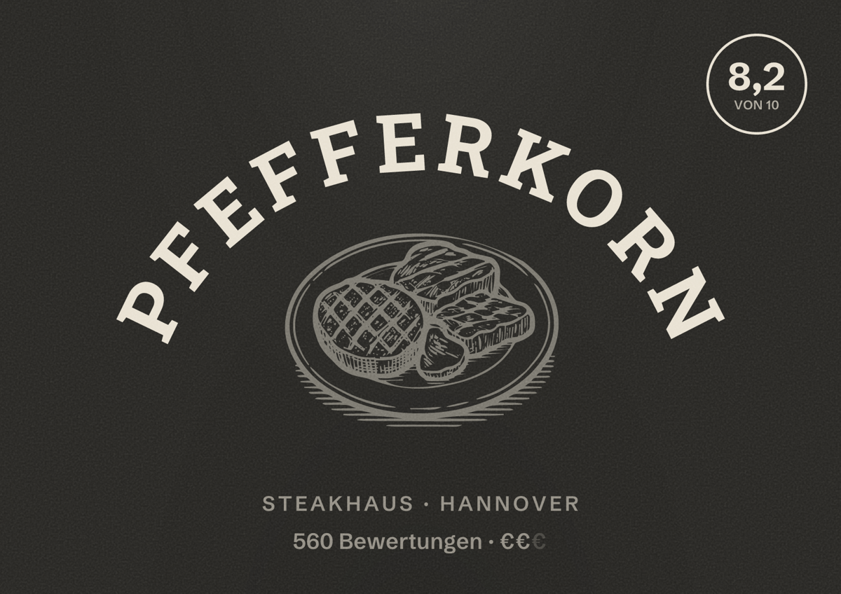 Illustriertes Poster von Pfefferkorn, Steakhaus in Hannover: Bewertung 8,2 von 10 aus 560 Bewertungen, Preisniveau €€