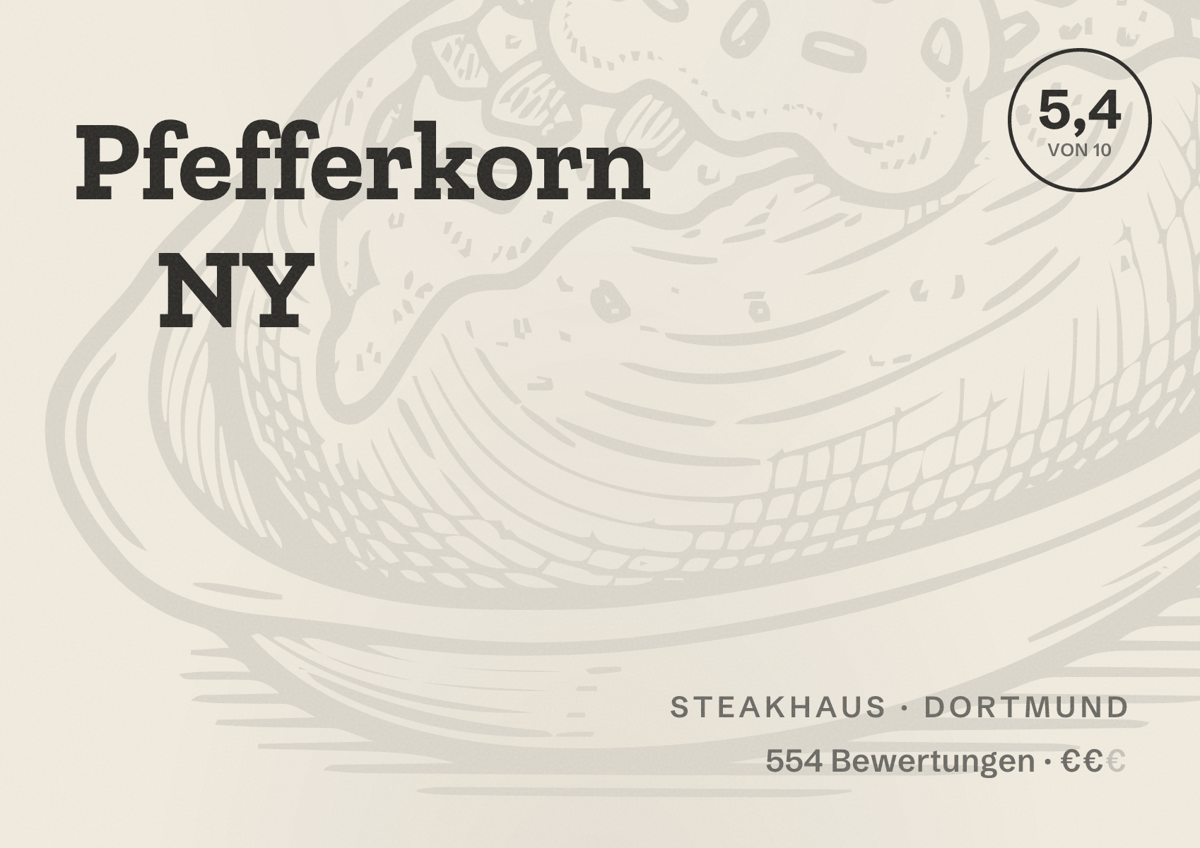 Illustriertes Poster von Pfefferkorn NY, Steakhaus in Dortmund: Bewertung 5,4 von 10 aus 554 Bewertungen, Preisniveau €€