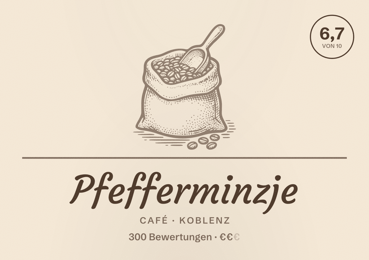 Illustriertes Poster von Pfefferminzje, Café in Koblenz: Bewertung 6,7 von 10 aus 300 Bewertungen, Preisniveau €€