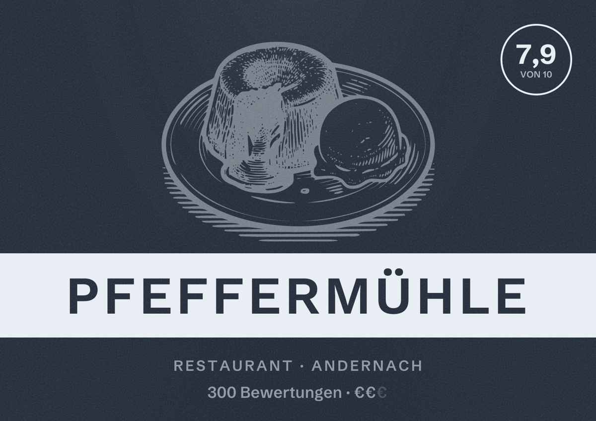 Illustriertes Poster von Pfeffermühle, Restaurant in Andernach: Bewertung 7,9 von 10 aus 300 Bewertungen, Preisniveau €€