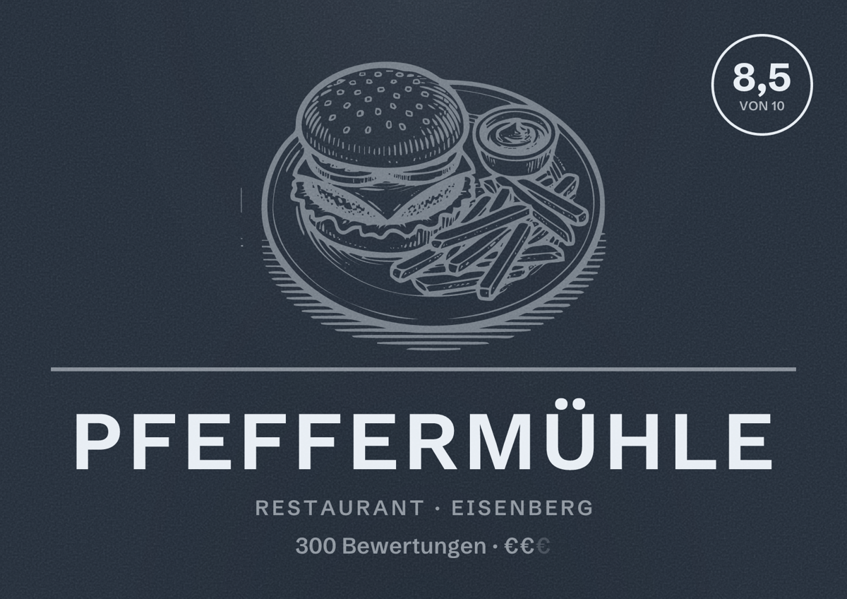 Illustriertes Poster von Pfeffermühle, Restaurant in Eisenberg: Bewertung 8,5 von 10 aus 300 Bewertungen, Preisniveau €€