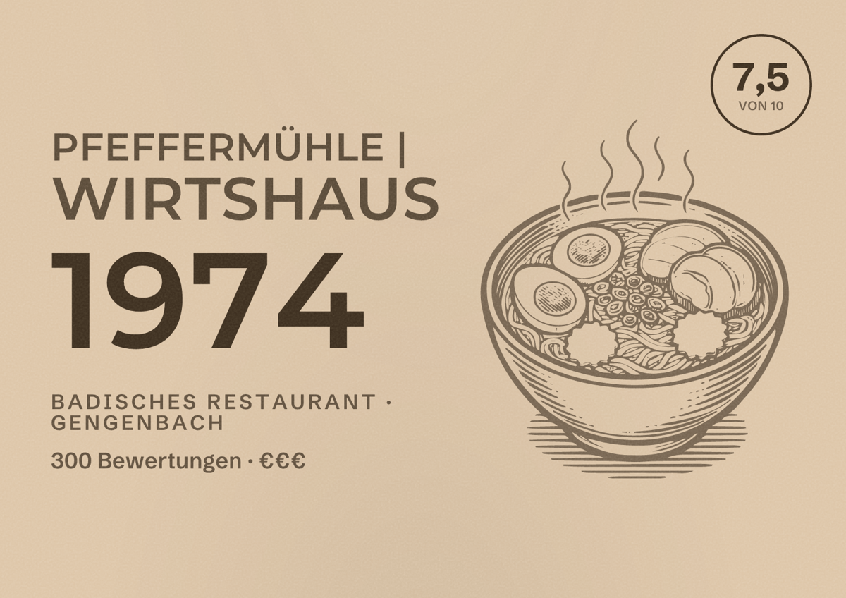 Illustriertes Poster von Pfeffermühle | Wirtshaus 1974, Badisches Restaurant in Gengenbach: Bewertung 7,5 von 10 aus 300 Bewertungen, Preisniveau €€€