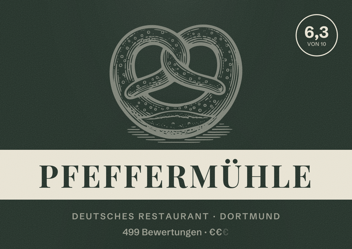 Illustriertes Poster von Pfeffermühle, Deutsches Restaurant in Dortmund: Bewertung 6,3 von 10 aus 499 Bewertungen, Preisniveau €€