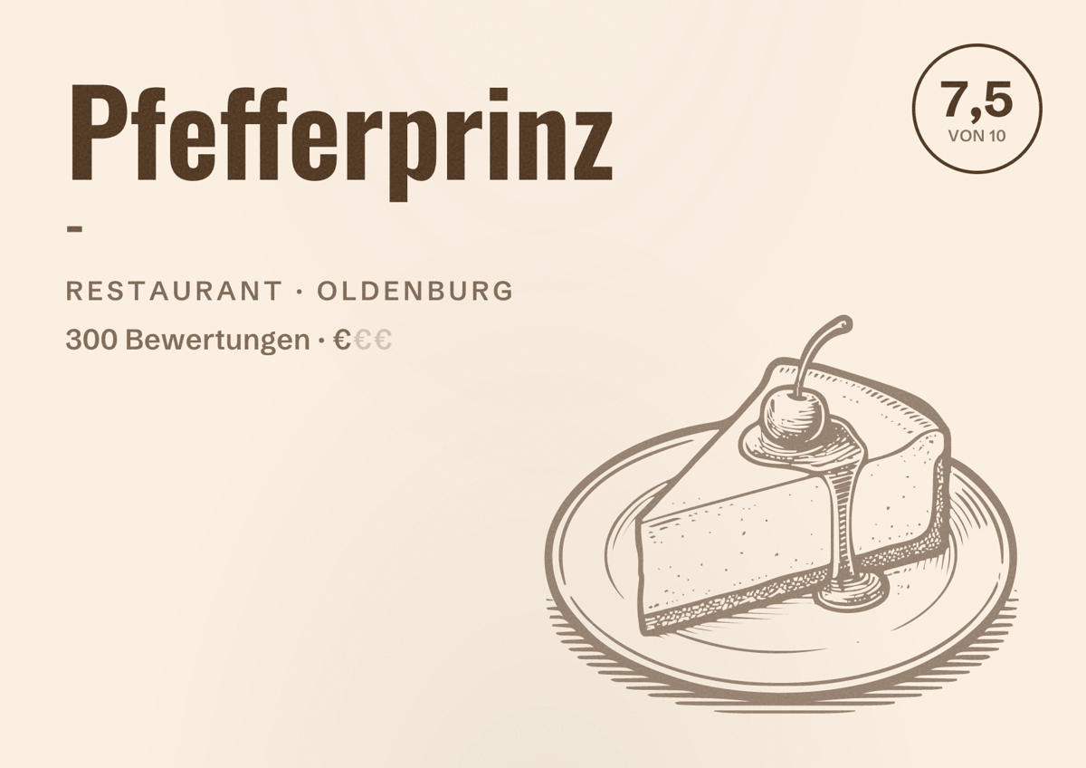 Illustriertes Poster von Pfefferprinz -, Restaurant in Oldenburg: Bewertung 7,5 von 10 aus 300 Bewertungen, Preisniveau €