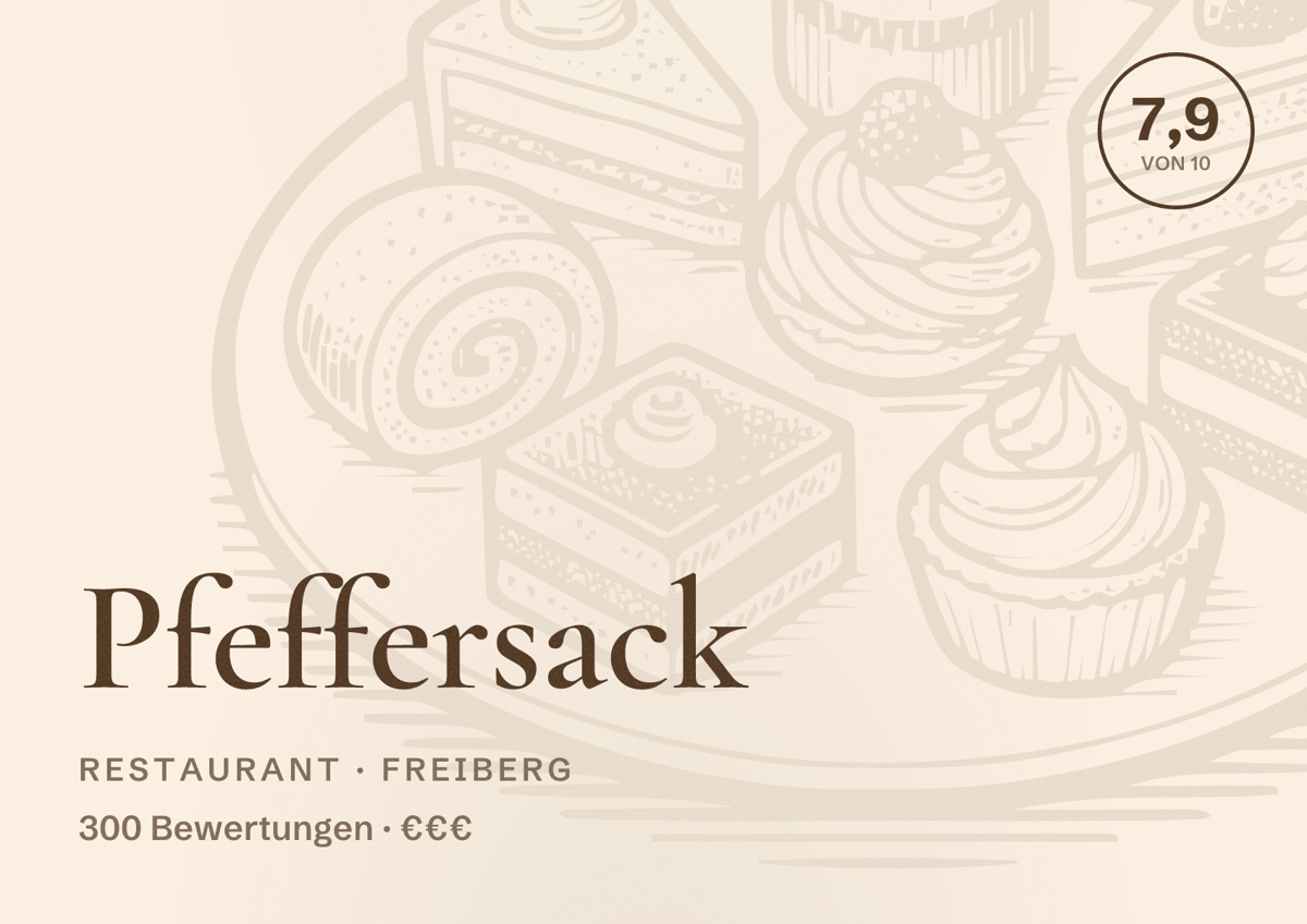 Illustriertes Poster von Pfeffersack, Restaurant in Freiberg: Bewertung 7,9 von 10 aus 300 Bewertungen, Preisniveau €€€