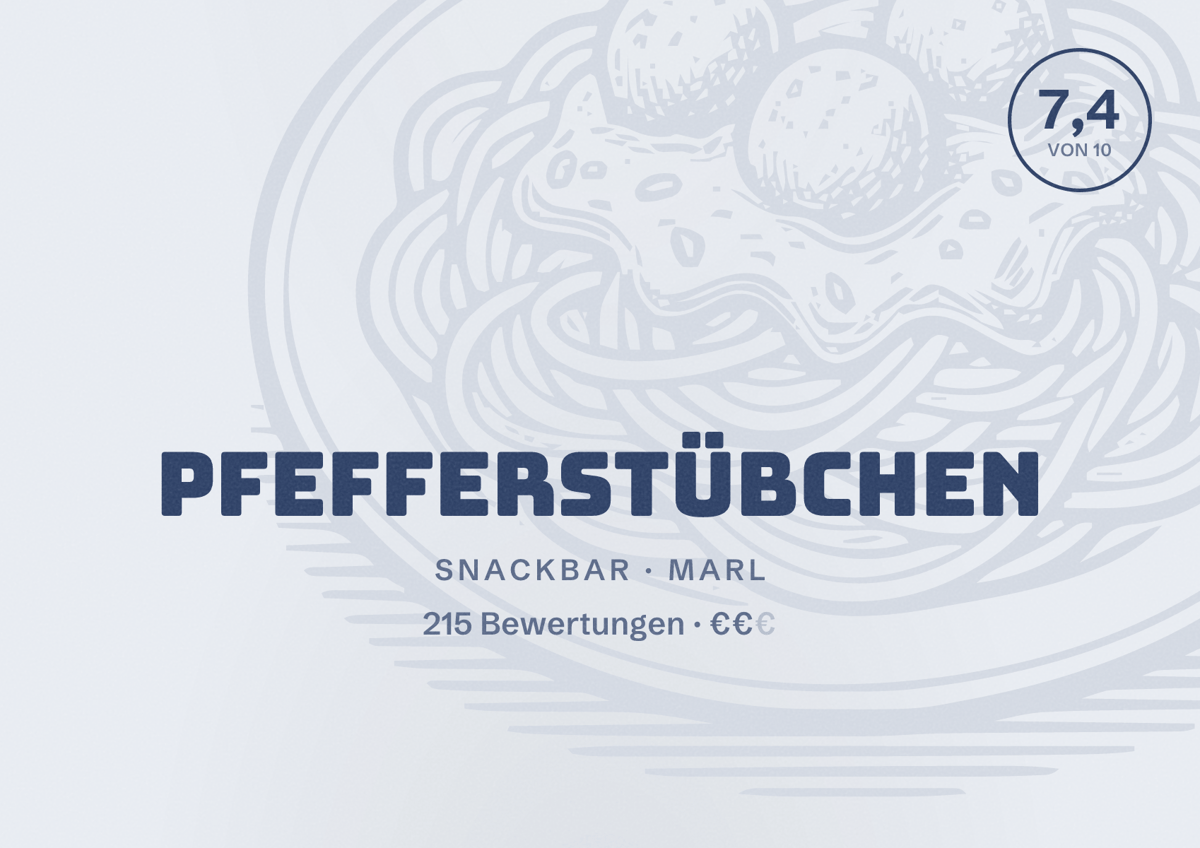Illustriertes Poster von Pfefferstübchen, Snackbar in Marl: Bewertung 7,4 von 10 aus 215 Bewertungen, Preisniveau €€