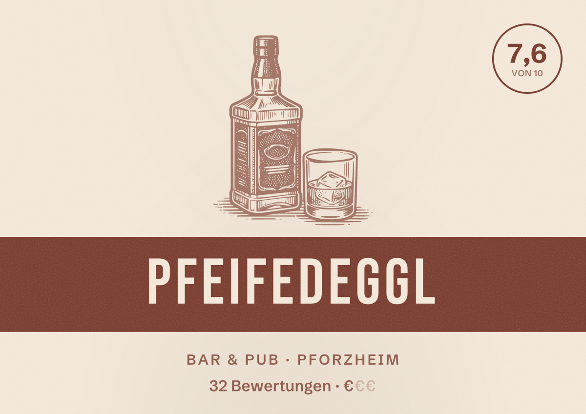 Illustriertes Poster von Pfeifedeggl, Bar & Pub in Pforzheim: Bewertung 7,6 von 10 aus 32 Bewertungen, Preisniveau €