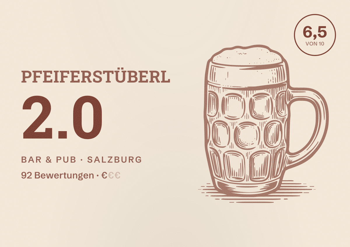 Illustriertes Poster von Pfeiferstüberl 2.0, Bar & Pub in Salzburg: Bewertung 6,5 von 10 aus 92 Bewertungen, Preisniveau €