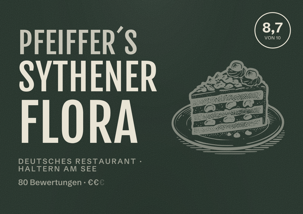 Illustriertes Poster von Pfeiffer´s Sythener Flora, Deutsches Restaurant in Haltern am See: Bewertung 8,7 von 10 aus 80 Bewertungen, Preisniveau €€