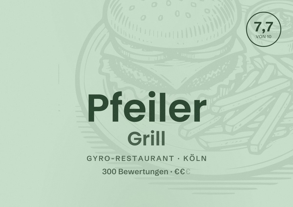 Illustriertes Poster von Pfeiler Grill, Gyro-Restaurant in Köln: Bewertung 7,7 von 10 aus 300 Bewertungen, Preisniveau €€