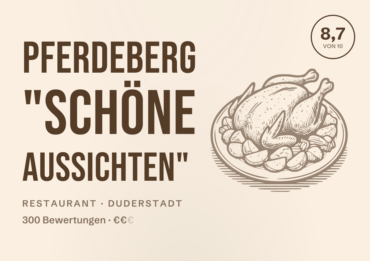 Illustriertes Poster von Pferdeberg "Schöne Aussichten", Restaurant in Duderstadt: Bewertung 8,7 von 10 aus 300 Bewertungen, Preisniveau €€