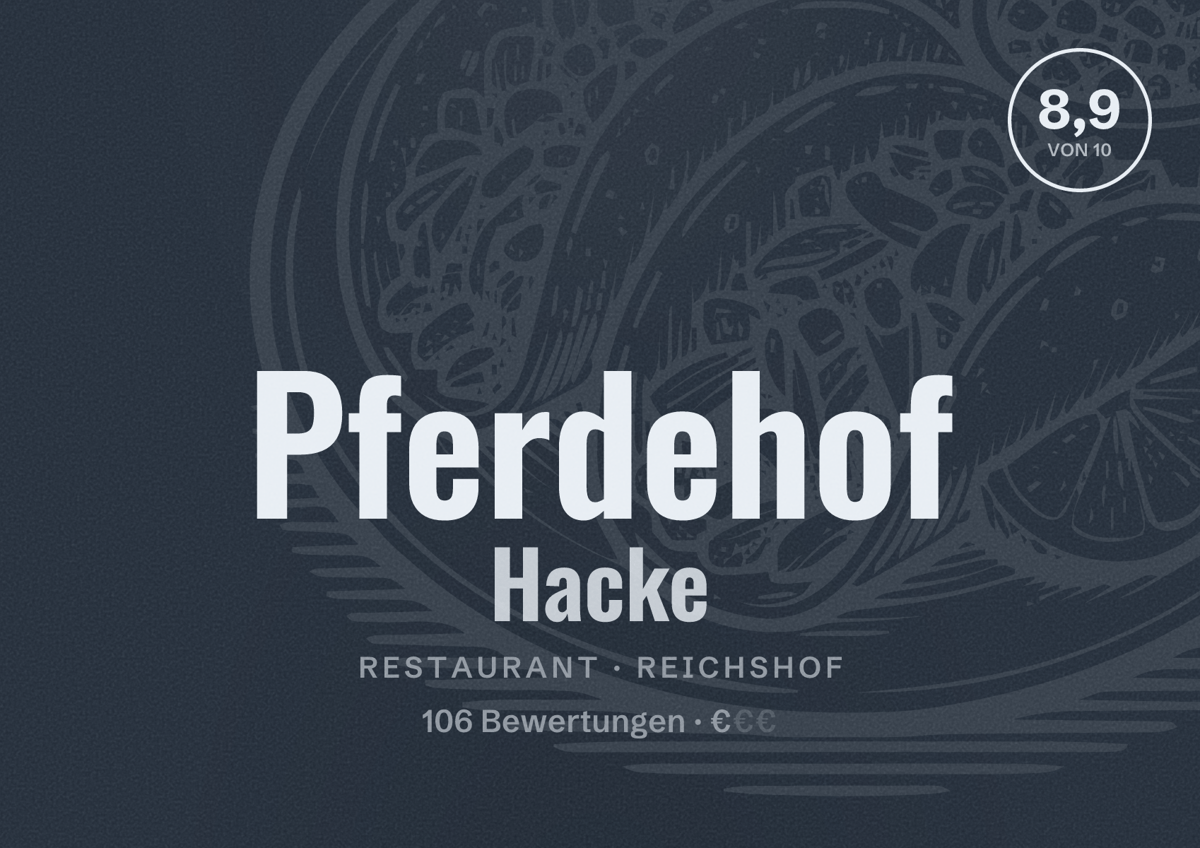 Illustriertes Poster von Pferdehof Hacke, Restaurant in Reichshof: Bewertung 8,9 von 10 aus 106 Bewertungen, Preisniveau €