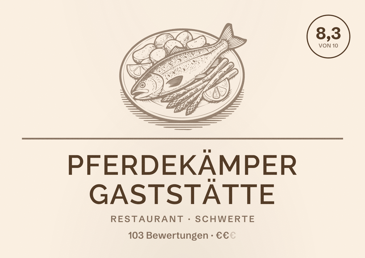 Illustriertes Poster von Pferdekämper Gaststätte, Restaurant in Schwerte: Bewertung 8,3 von 10 aus 103 Bewertungen, Preisniveau €€