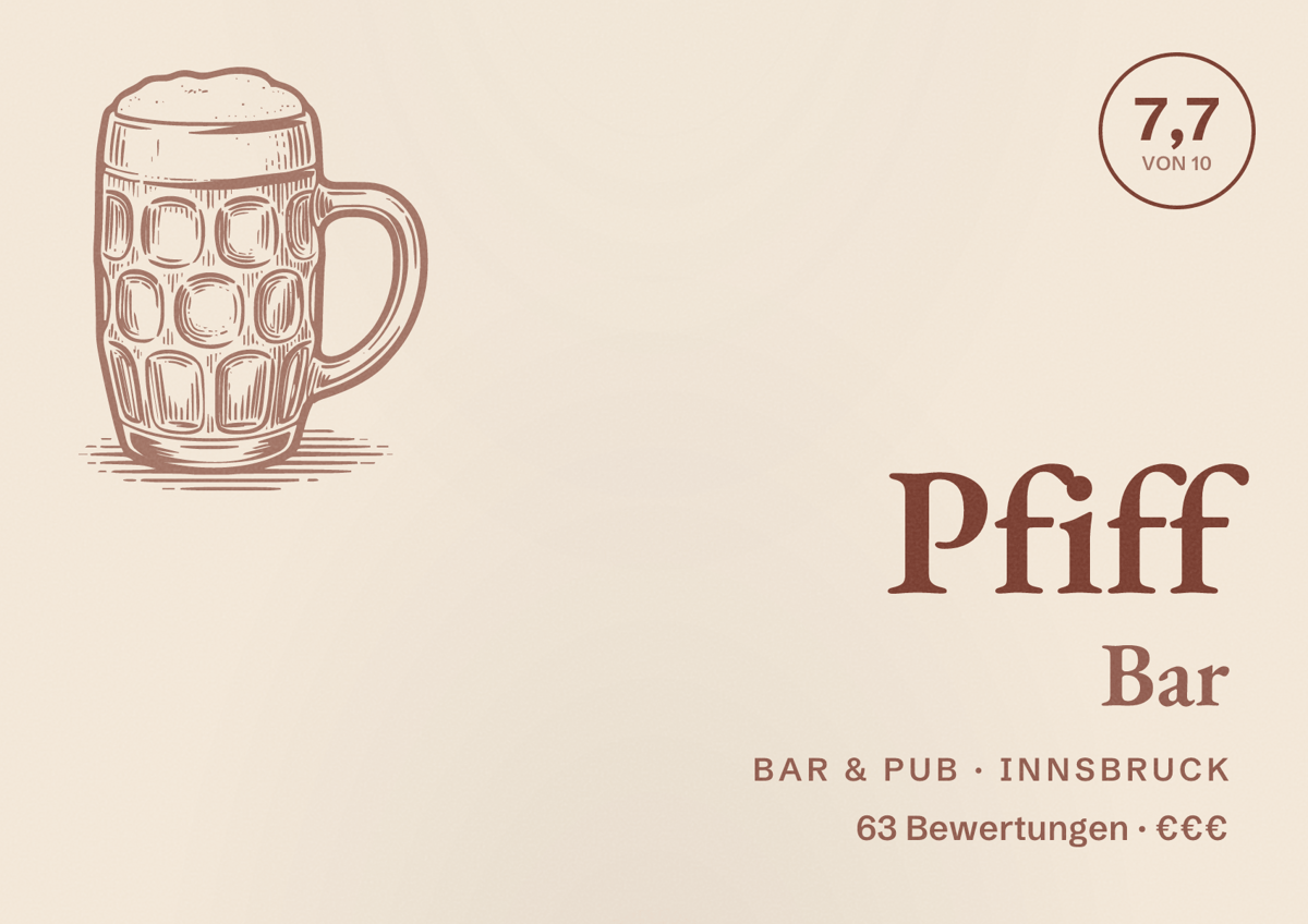 Illustriertes Poster von Pfiff Bar, Bar & Pub in Innsbruck: Bewertung 7,7 von 10 aus 63 Bewertungen, Preisniveau €€€