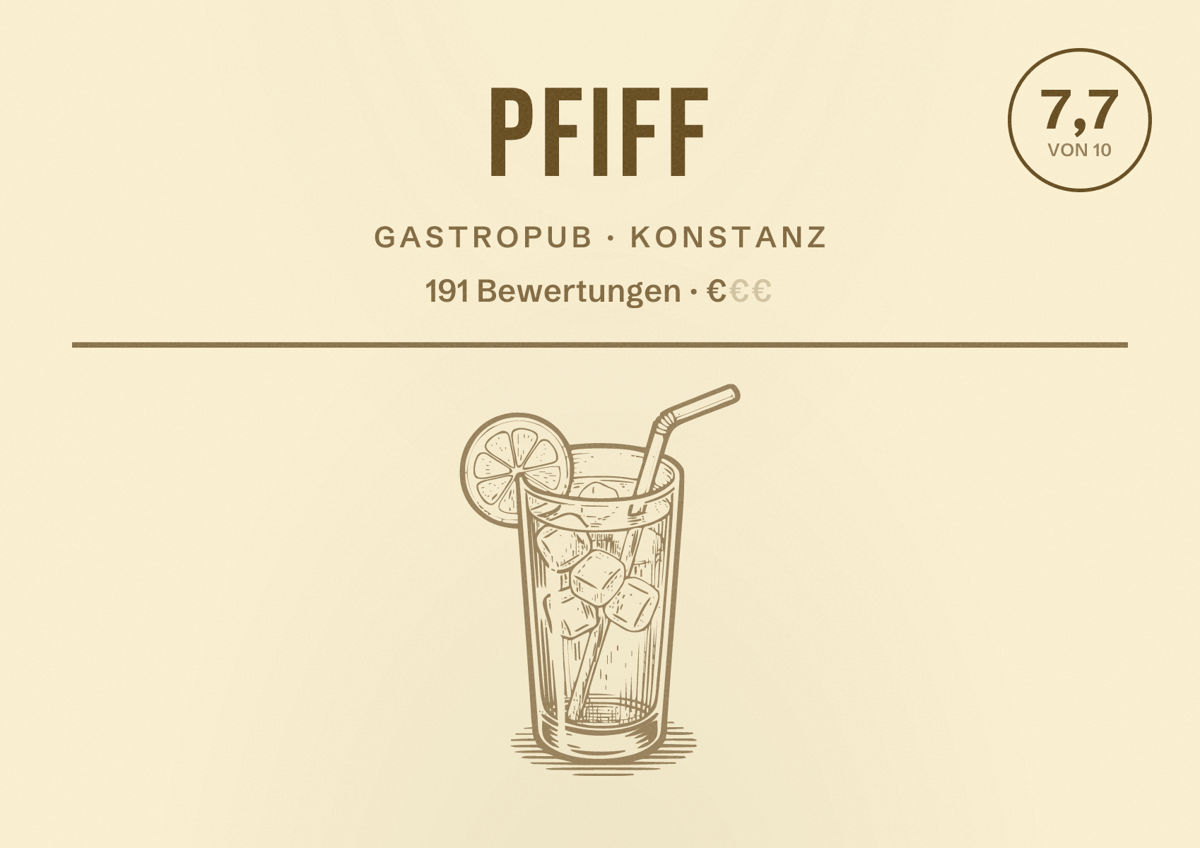 Illustriertes Poster von Pfiff, Gastropub in Konstanz: Bewertung 7,7 von 10 aus 191 Bewertungen, Preisniveau €